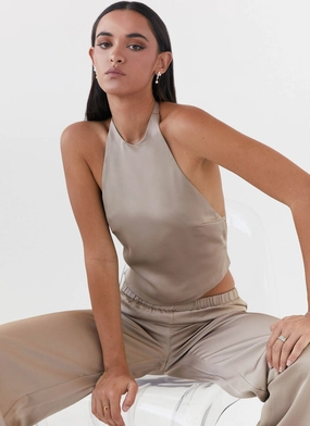 Thermal Regulating Fabric Bree Satin Halterneck Top - Mushroom