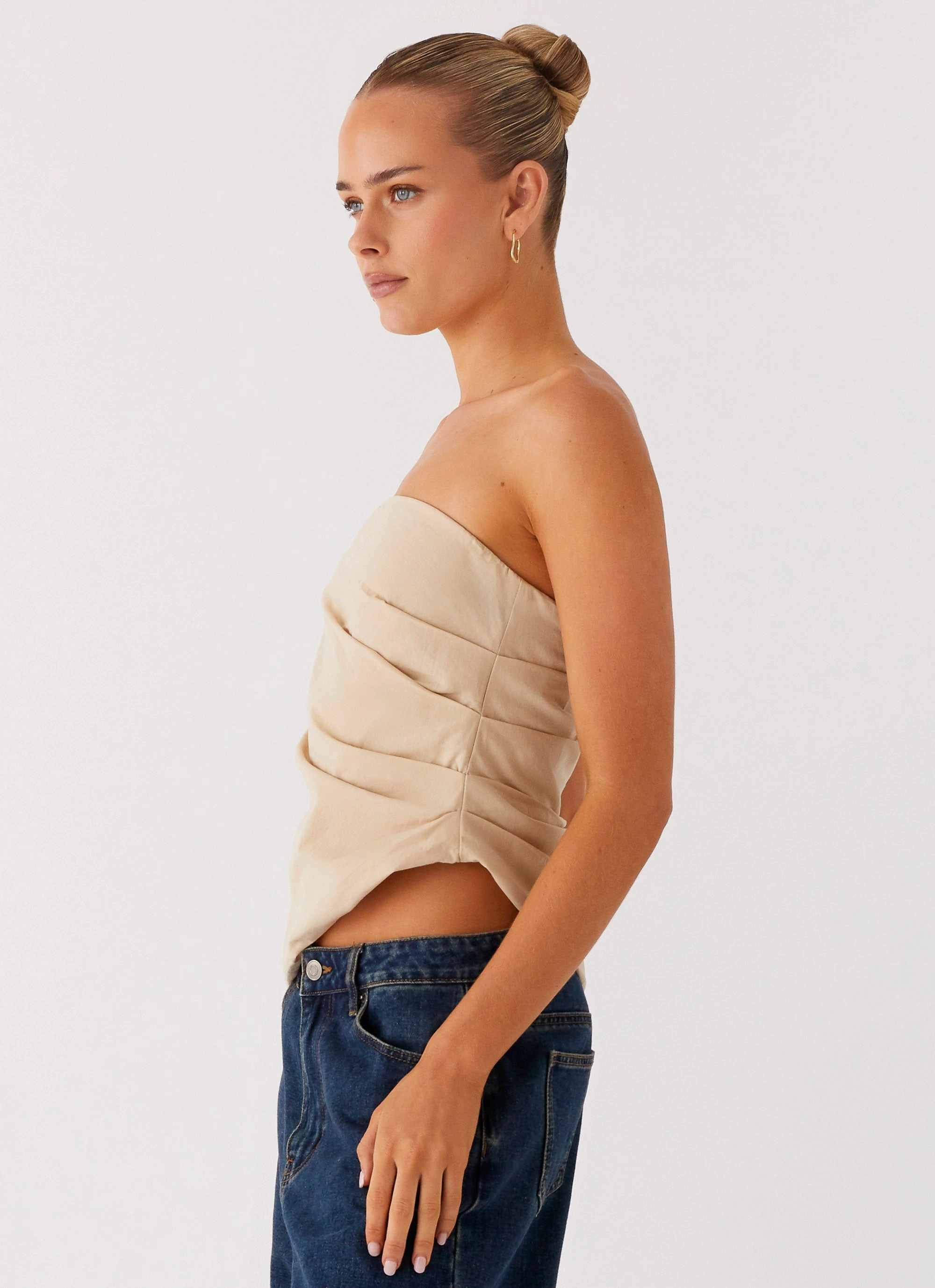 Briana Strapless Top - Tan NonRestrictiveSilhouette Hidden Storage Pockets