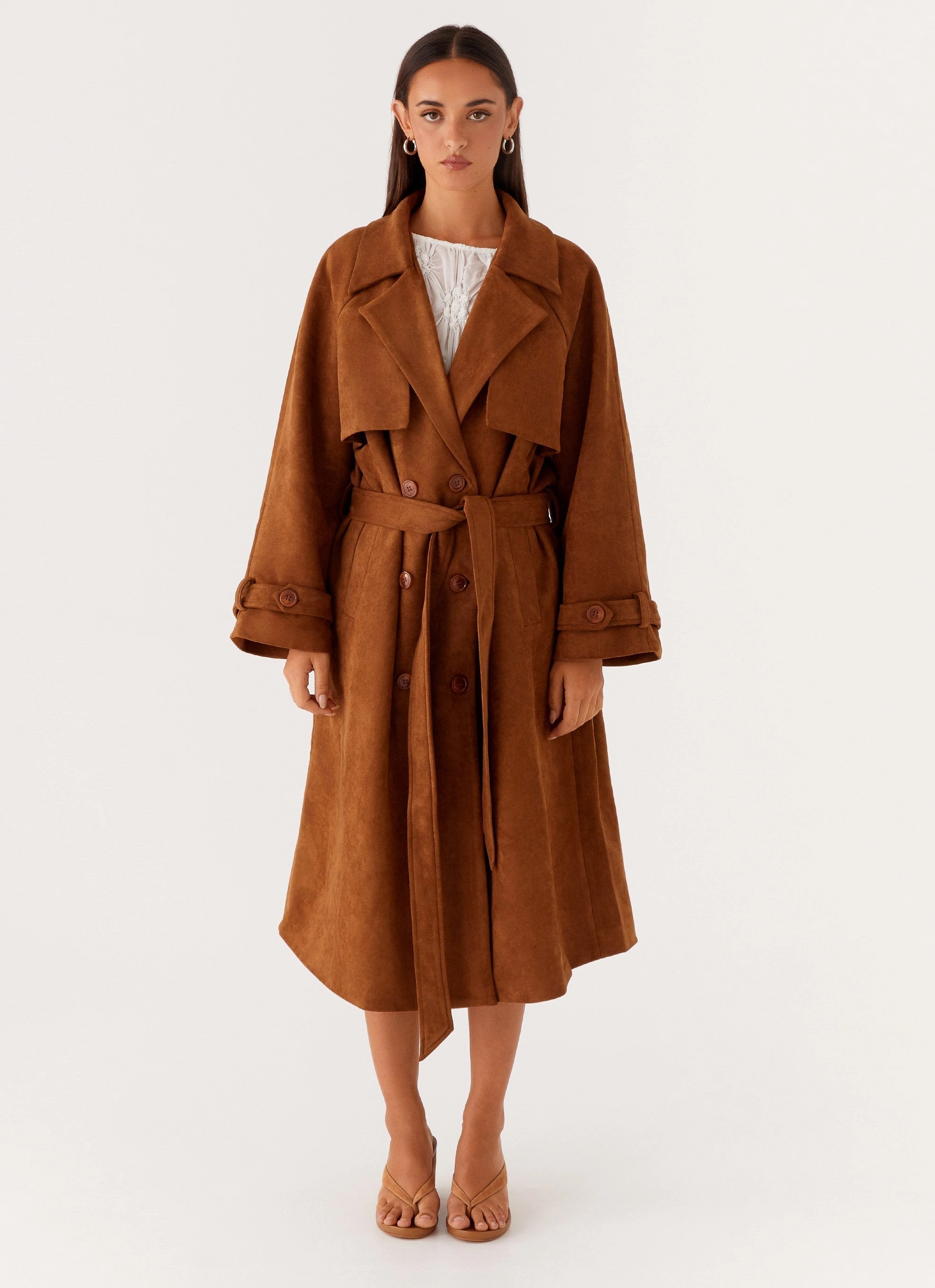 Go To Layer Bridie Faux Suede Trench Coat - Brown