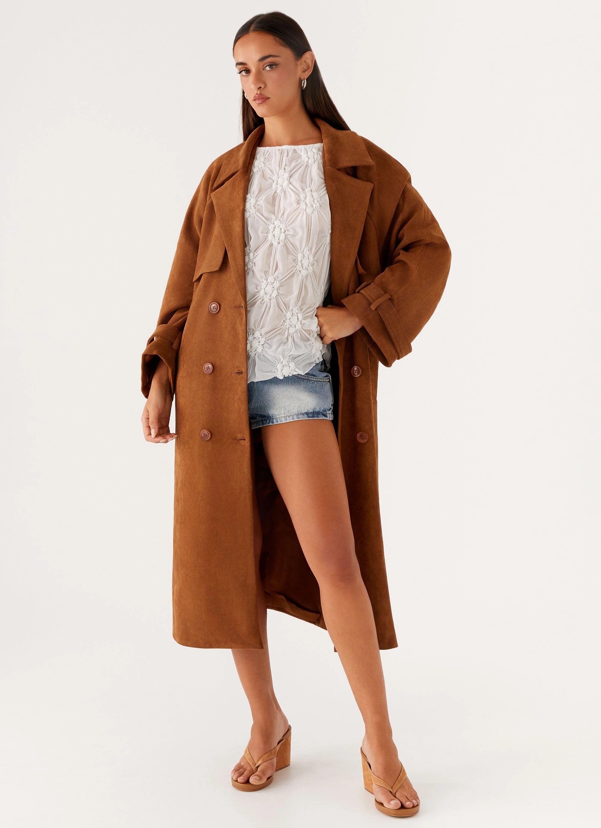 Bridie Faux Suede Trench Coat - Brown QuickAccessPockets Ultra Flexible