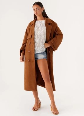 Bridie Faux Suede Trench Coat - Brown QuickAccessPockets Ultra Flexible