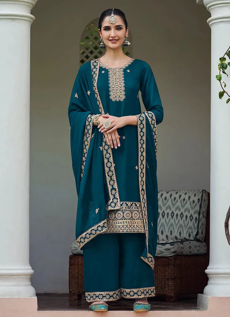 Brilliant Turquoise Embroidered Georgette Palazzo Suit