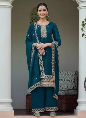 Brilliant Turquoise Embroidered Georgette Palazzo Suit