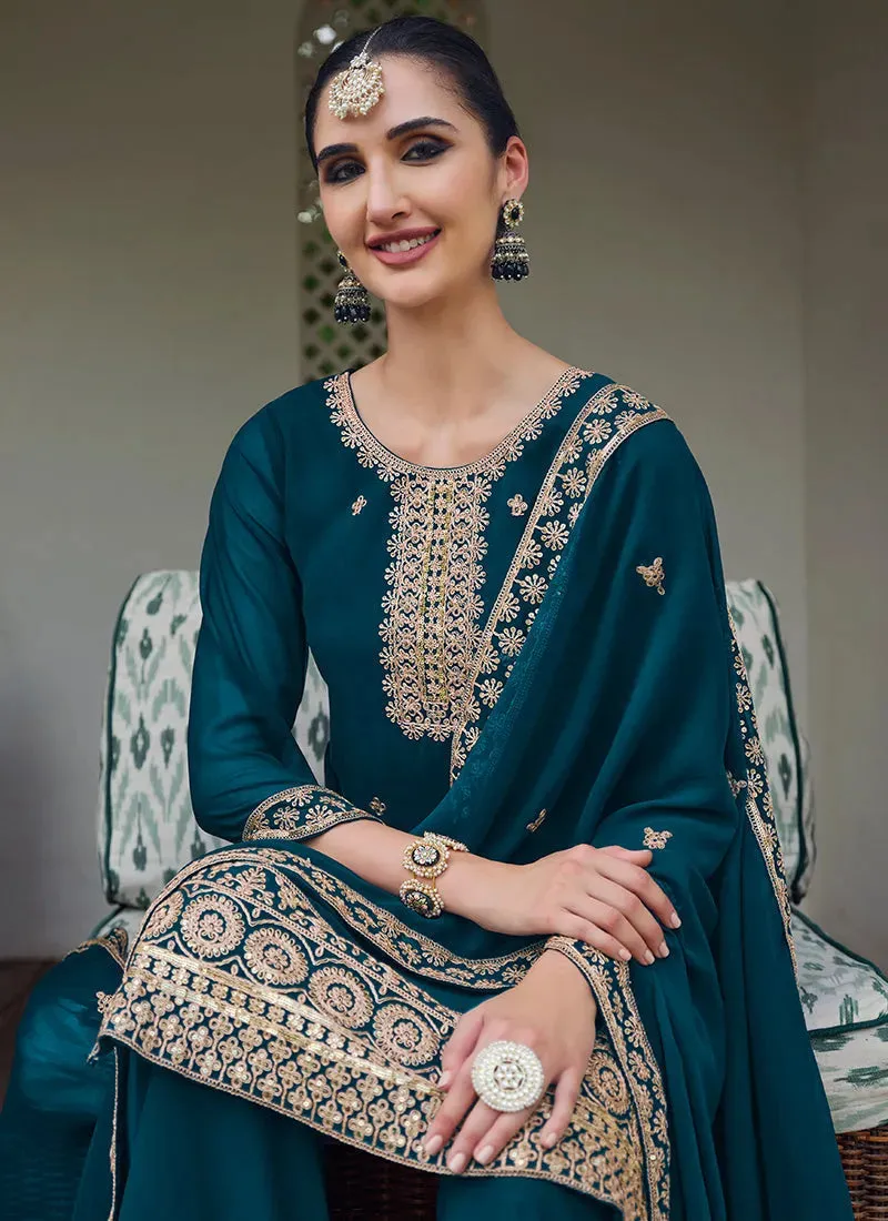 Brilliant Turquoise Embroidered Georgette Palazzo Suit