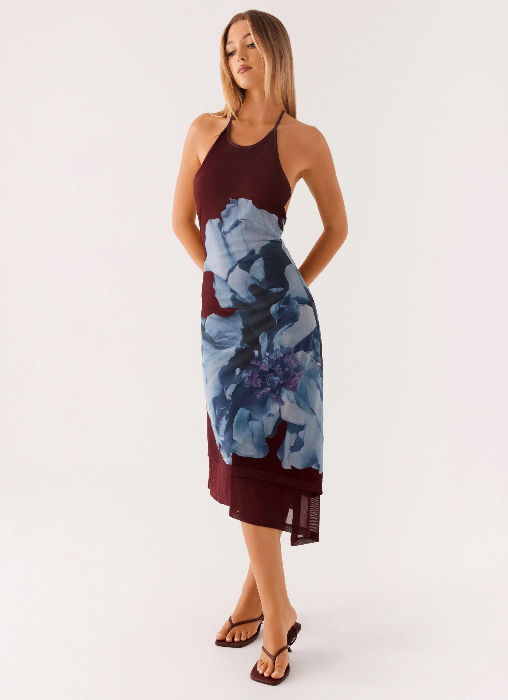 Clean Drape Brinley Halterneck Midi Dress - Maroon Print