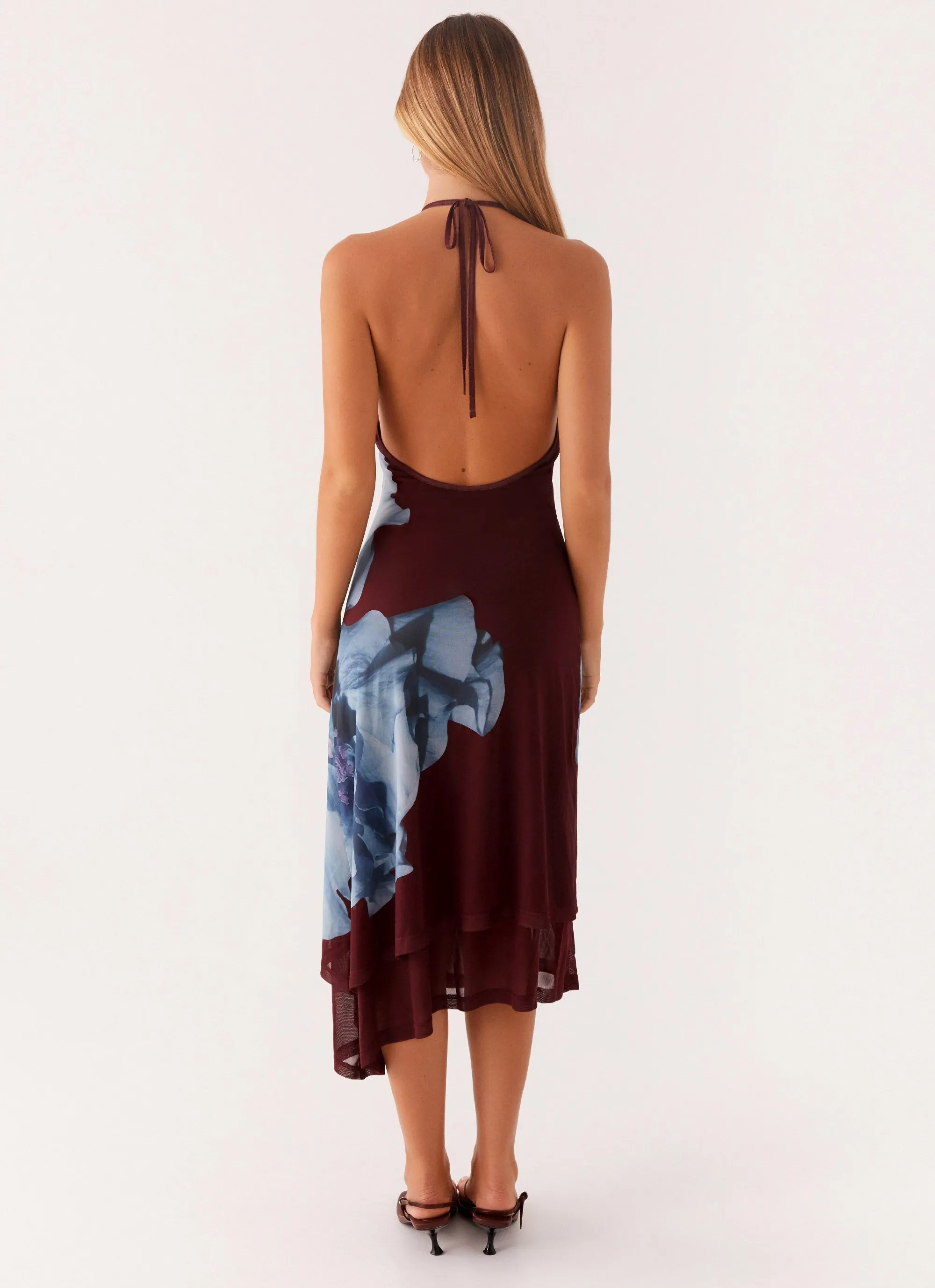 Layer Base Daily Movement Brinley Halterneck Midi Dress - Maroon Print