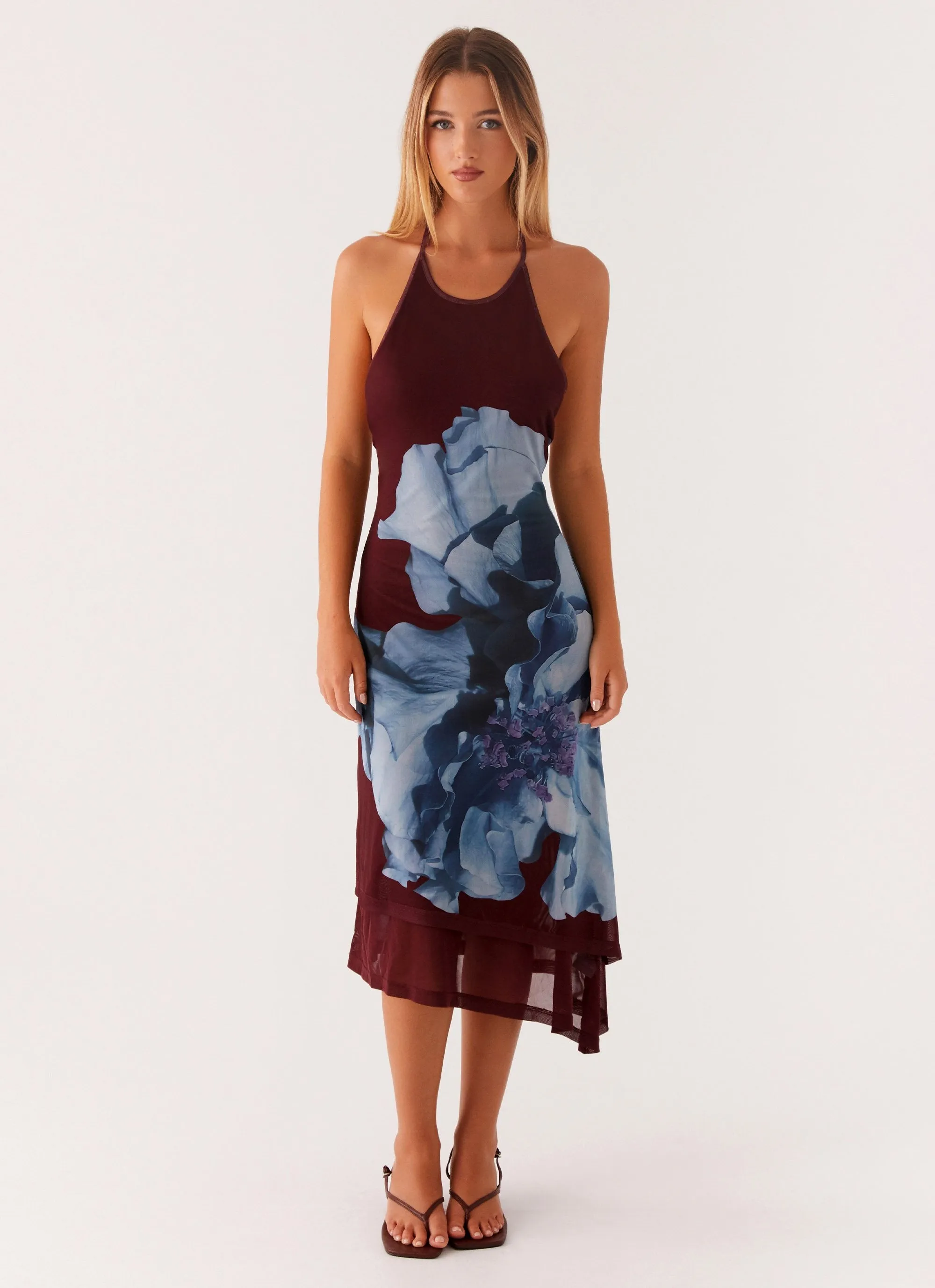 Brinley Halterneck Midi Dress - Maroon Print Bold Style