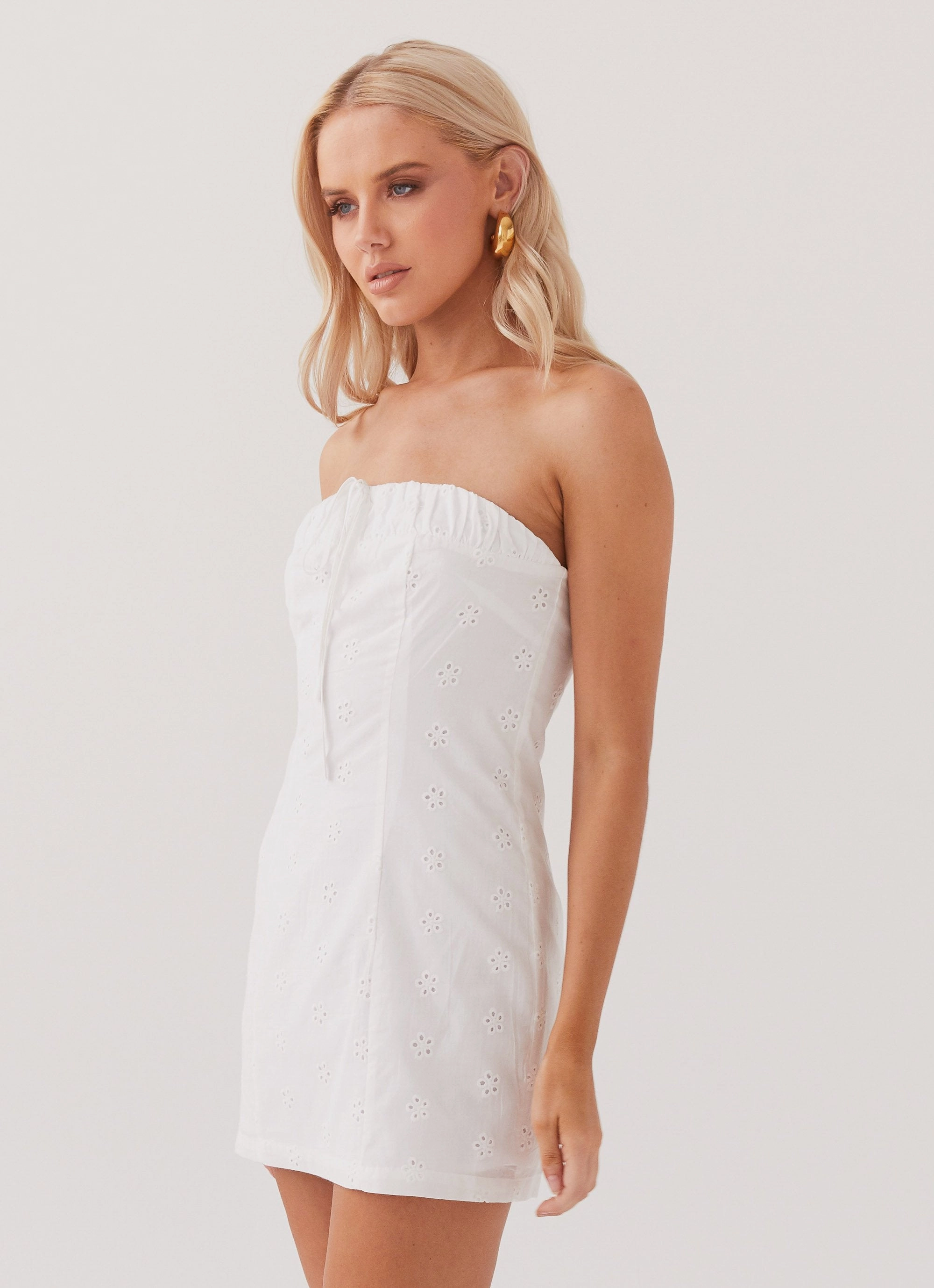 Bronwyn Broderie Mini Dress - White Basic essential Semi Sheer