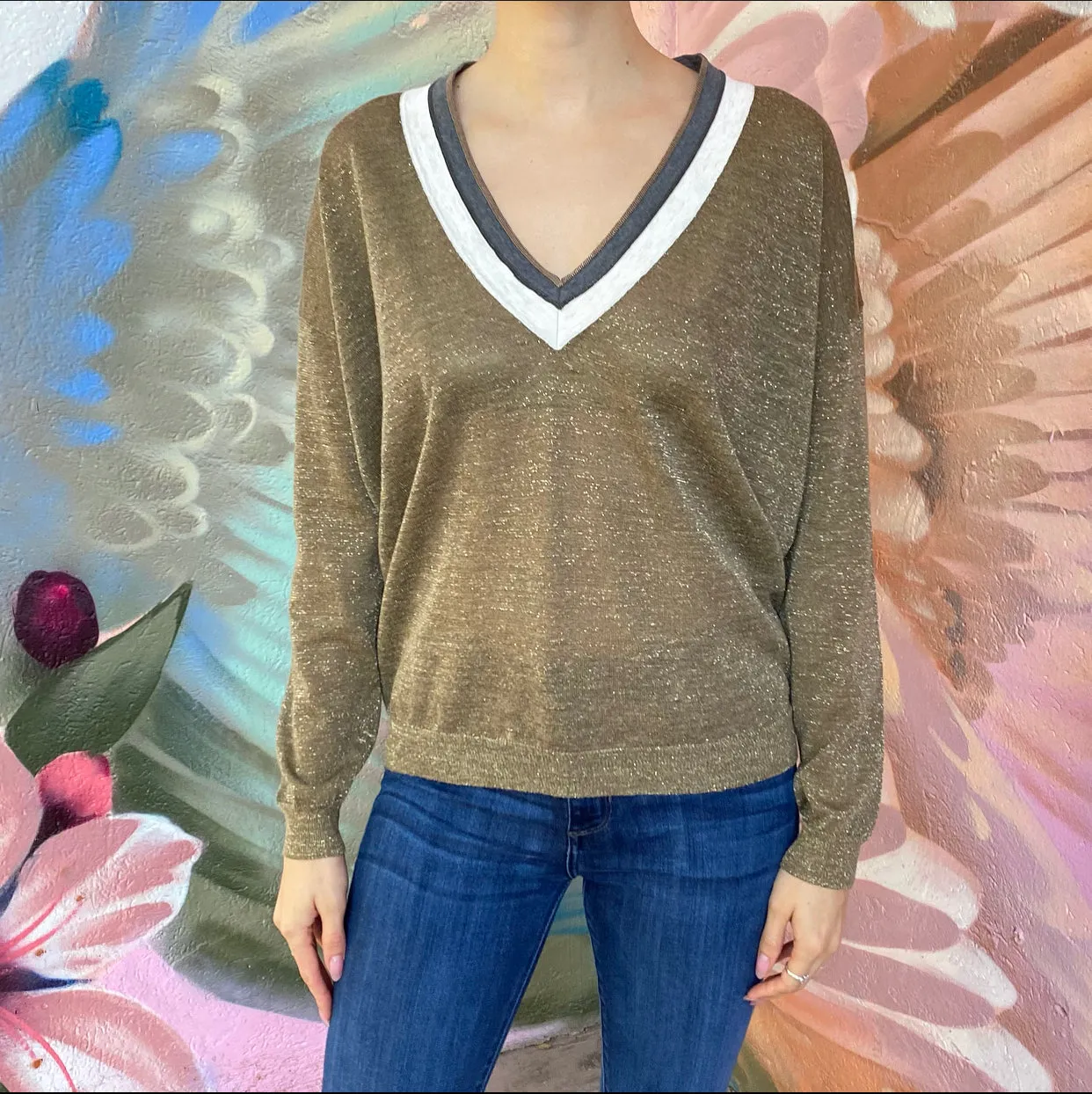 Brunello Cucinelli Gold Shimmer Monili V-Neck Sweater - M