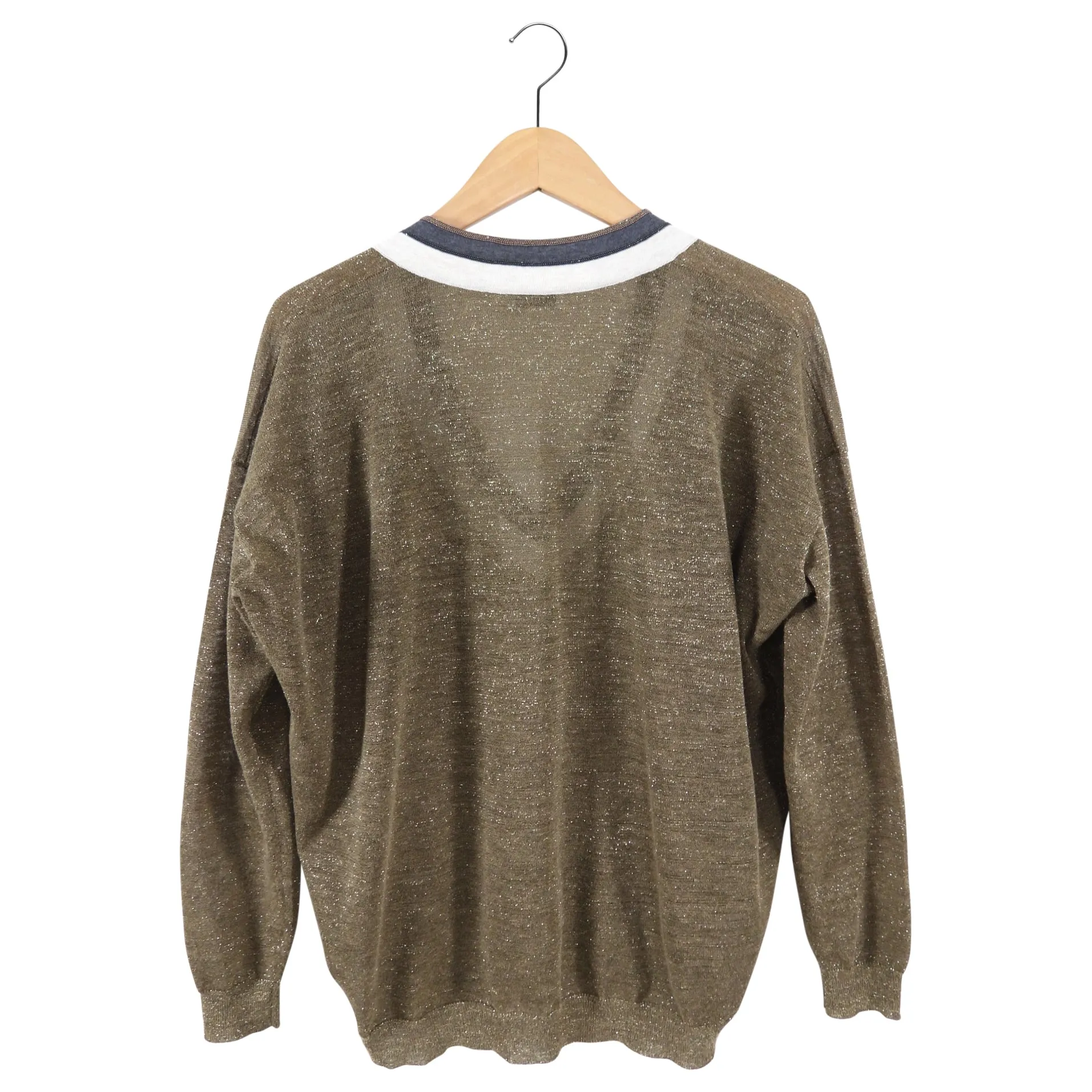 Brunello Cucinelli Gold Shimmer Monili V-Neck Sweater - M