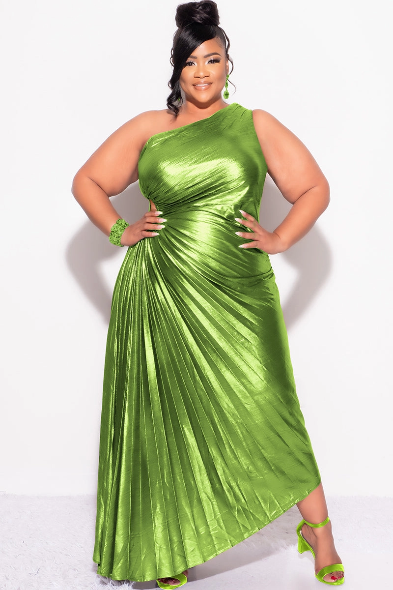 Final Sale Plus Size One Shoulder Asymmetric Pleated Dress with Cut Out in Metallic Moss Green Adjustable Cuff System Raw Edge Finish