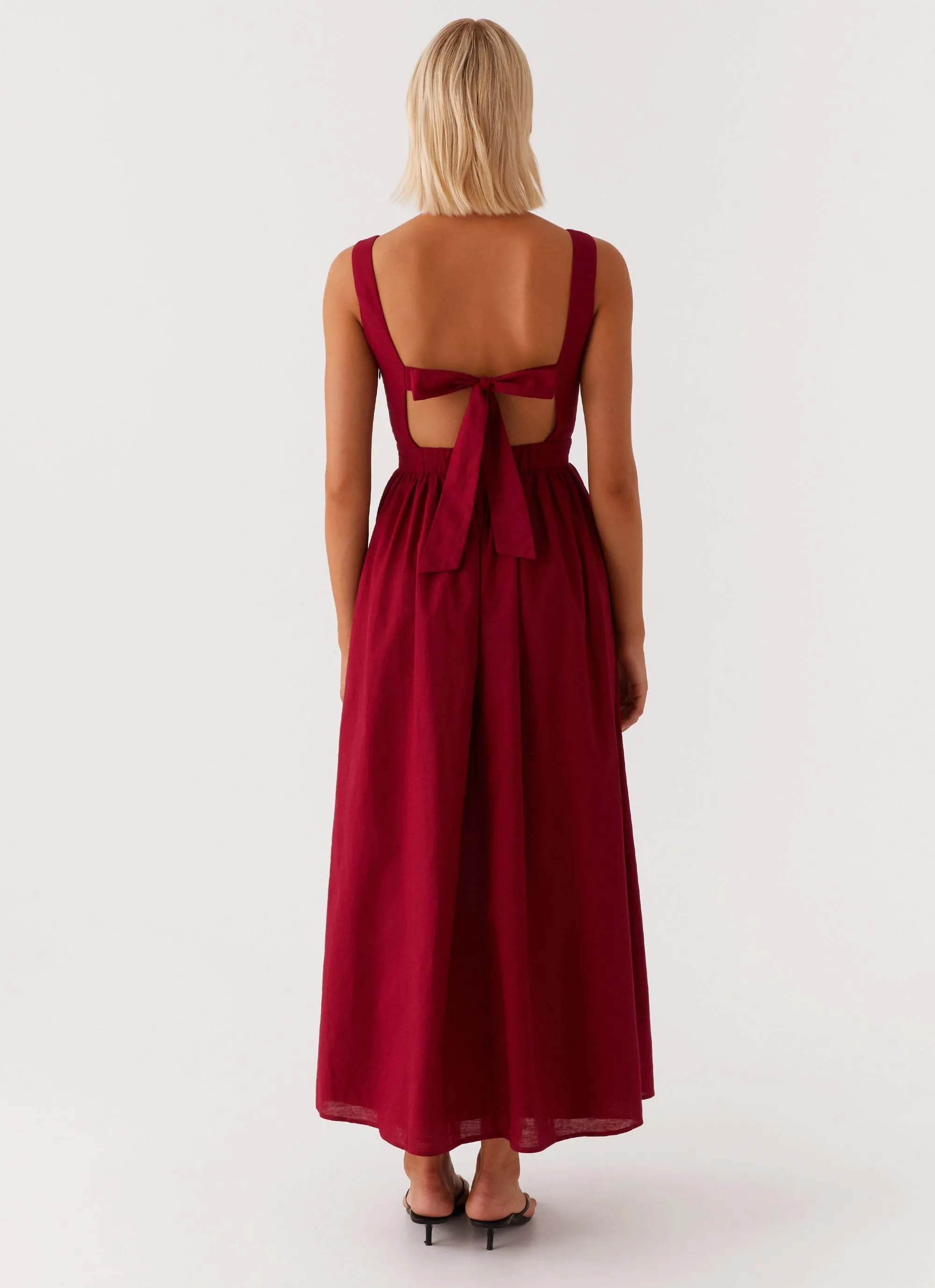 Front-Zip Brylin Linen Midi Dress - Red
