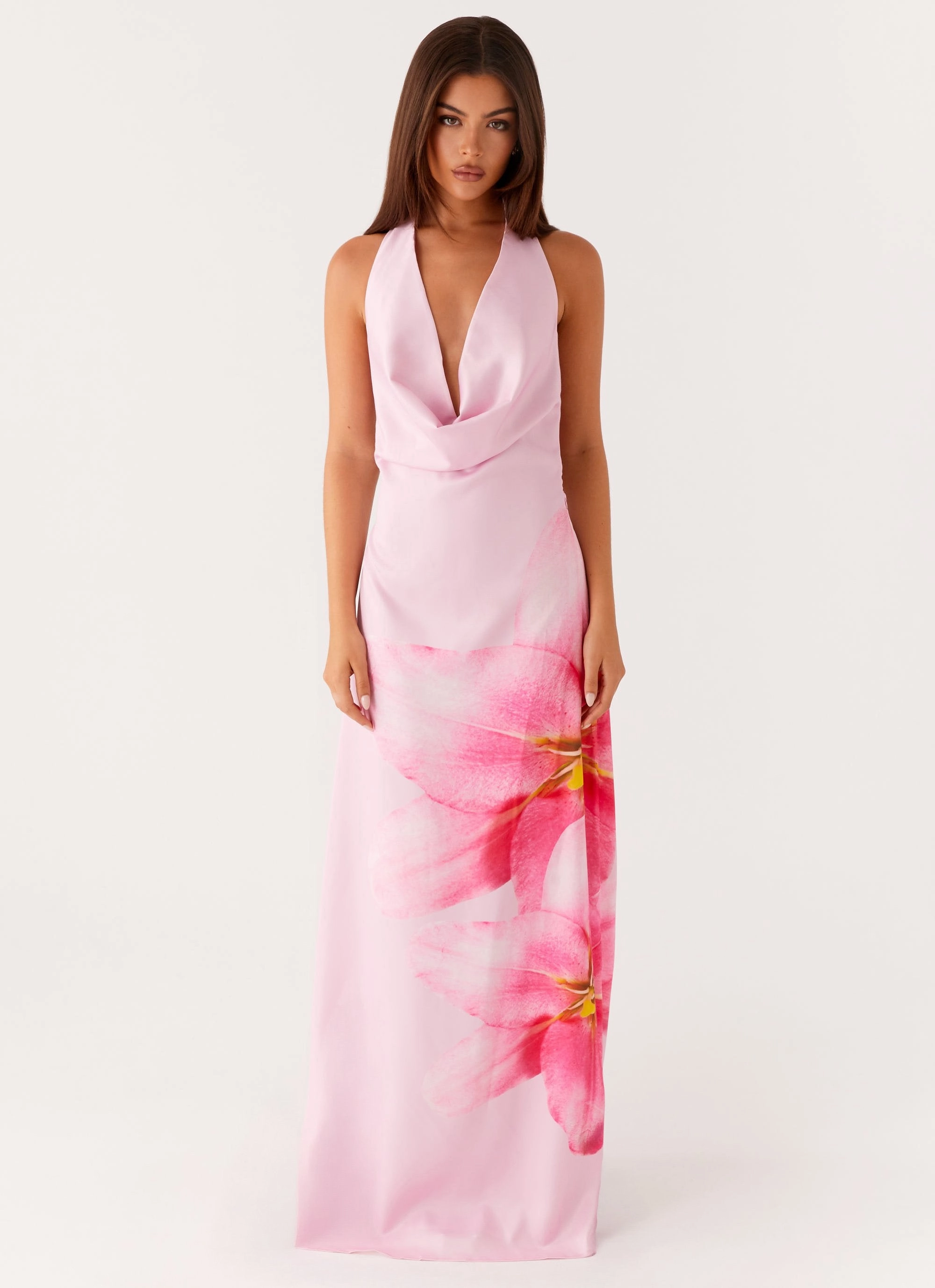 Waist-Cinching Soft Pleats Bryony Cowl Maxi Dress - Pink