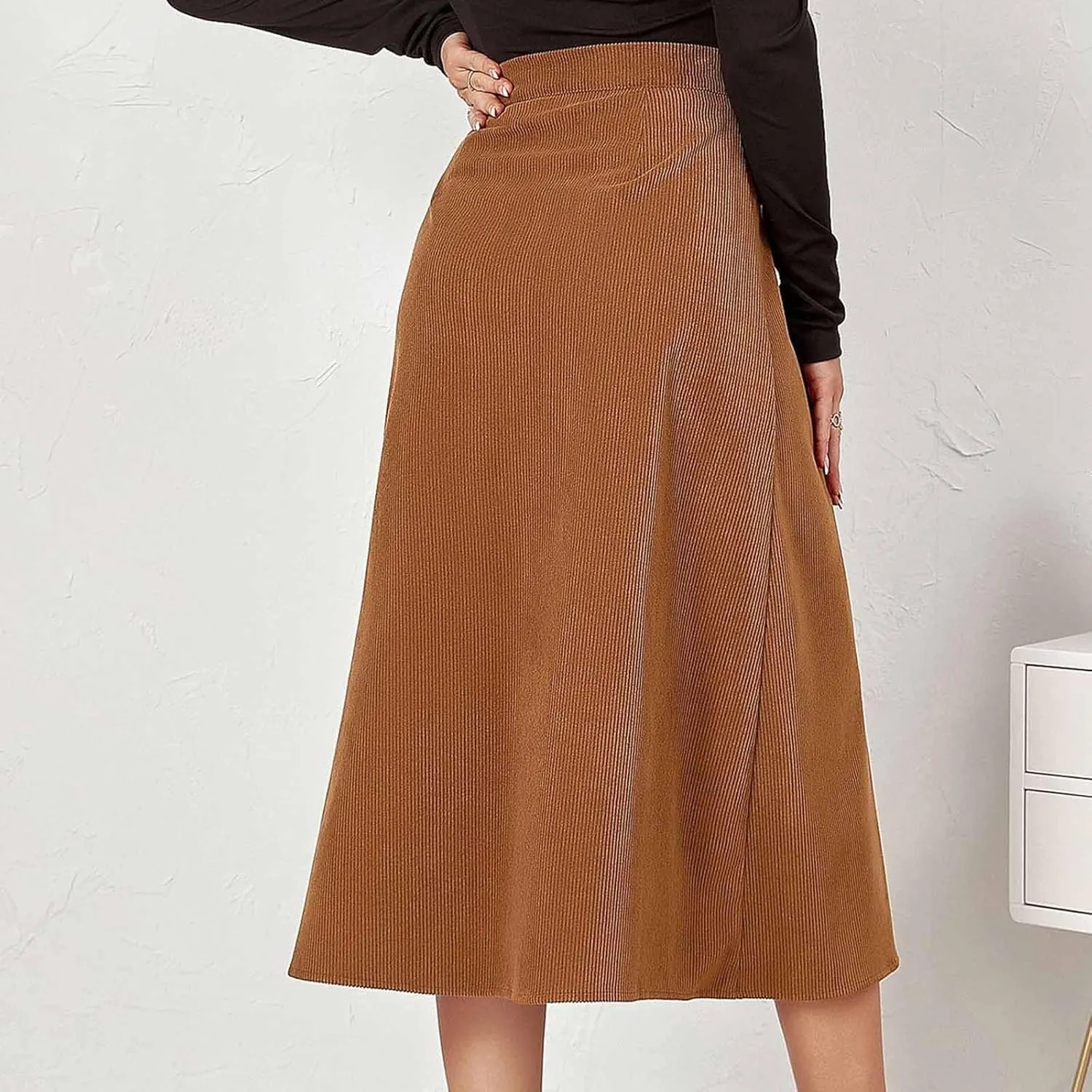BTDECLAR Women's Corduroy Midi Skirt High Waisted Button Front Flowy A-Line Skirts Trendy Business Work Pencil Maxi Skirts