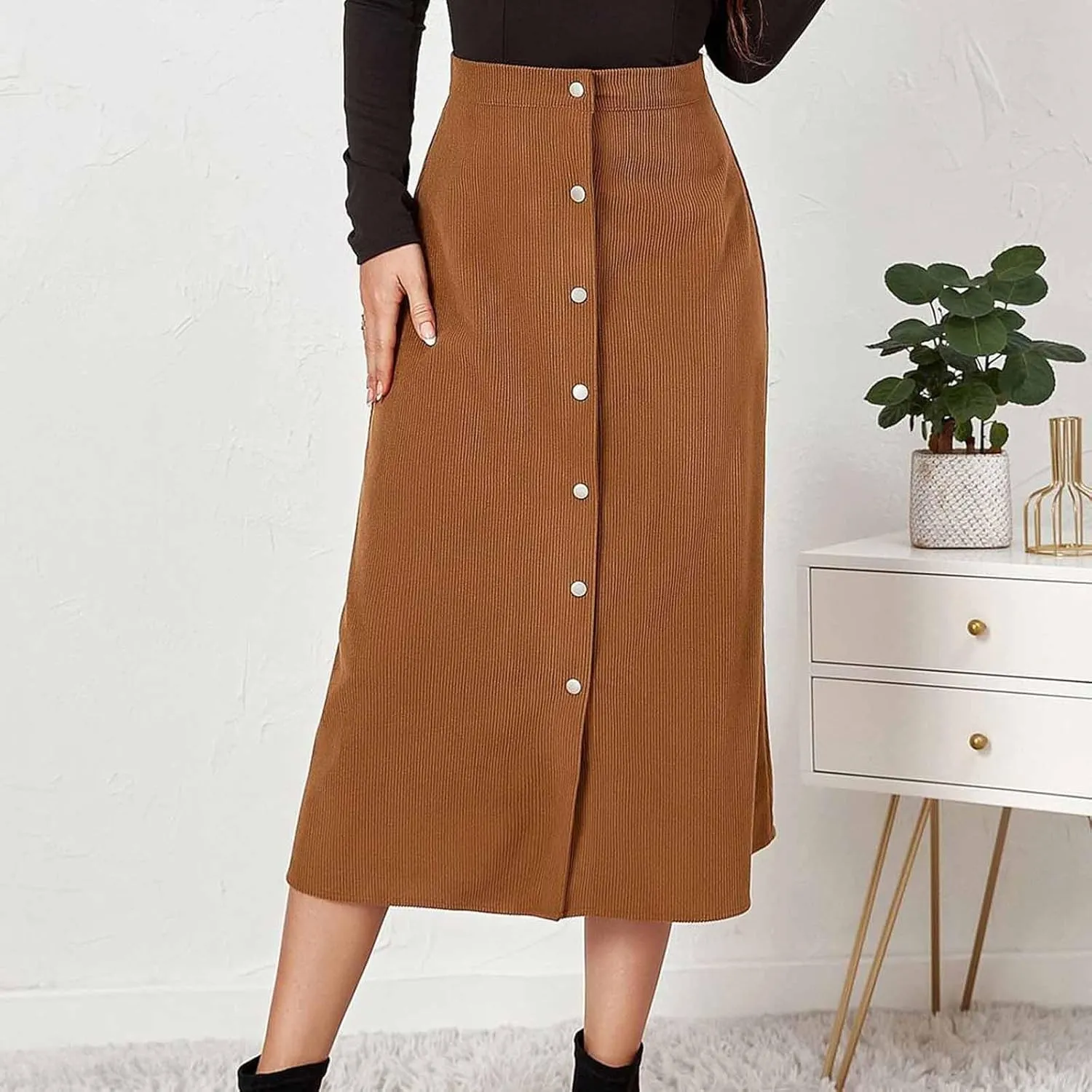 BTDECLAR Women's Corduroy Midi Skirt High Waisted Button Front Flowy A-Line Skirts Trendy Business Work Pencil Maxi Skirts
