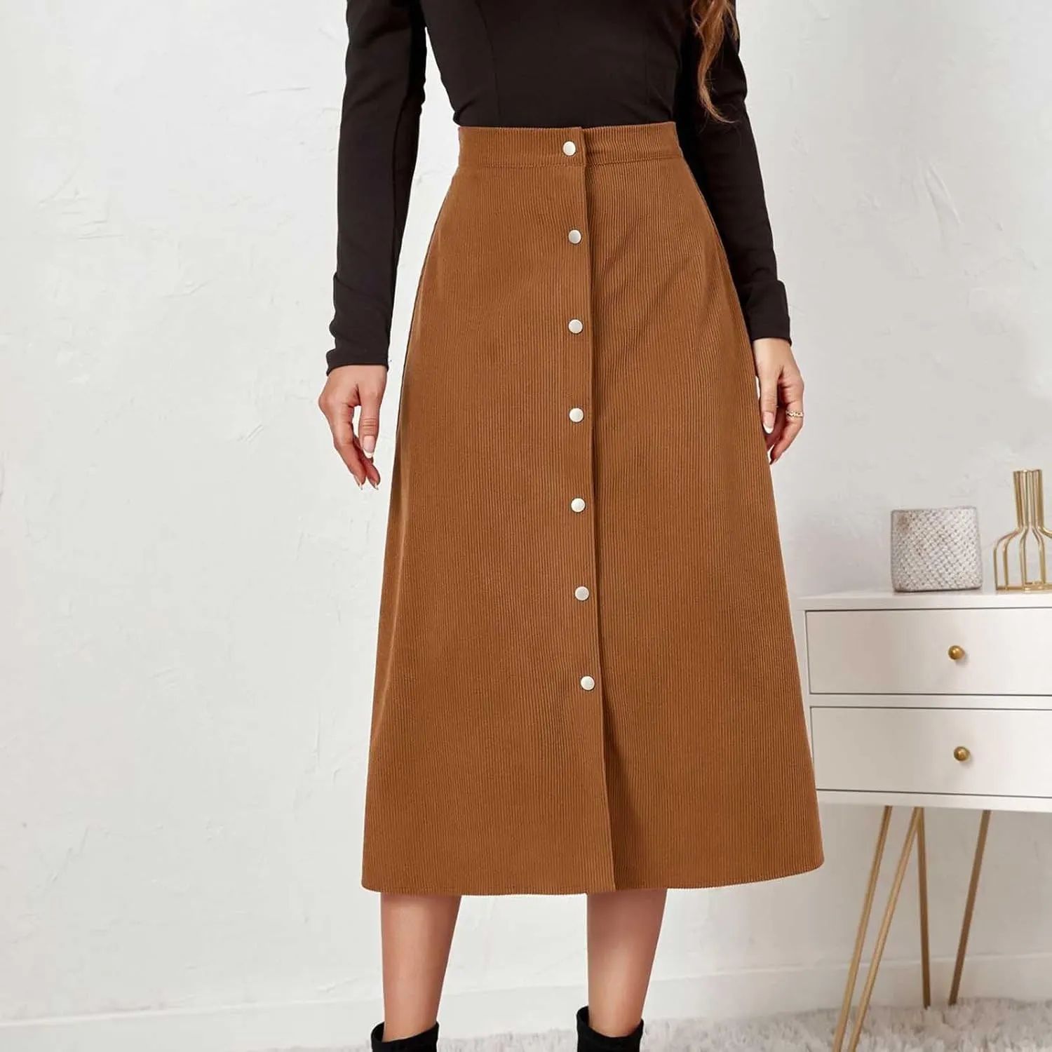 BTDECLAR Women's Corduroy Midi Skirt High Waisted Button Front Flowy A-Line Skirts Trendy Business Work Pencil Maxi Skirts