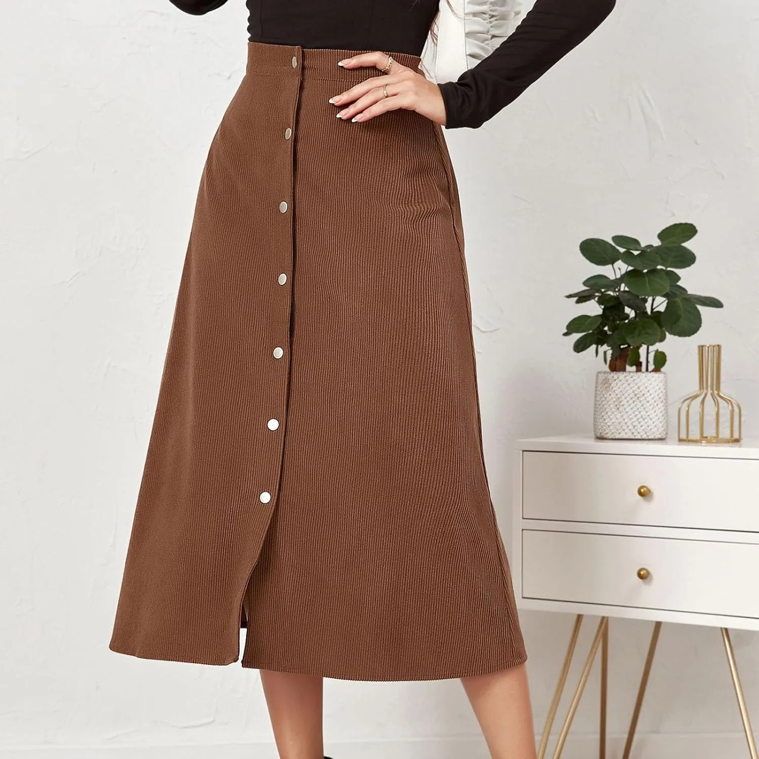 BTDECLAR Women's Corduroy Midi Skirt High Waisted Button Front Flowy A-Line Skirts Trendy Business Work Pencil Maxi Skirts