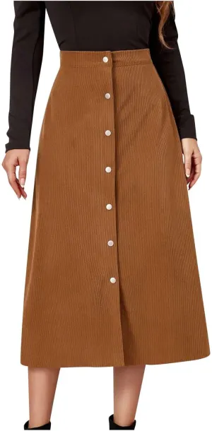 BTDECLAR Women's Corduroy Midi Skirt High Waisted Button Front Flowy A-Line Skirts Trendy Business Work Pencil Maxi Skirts