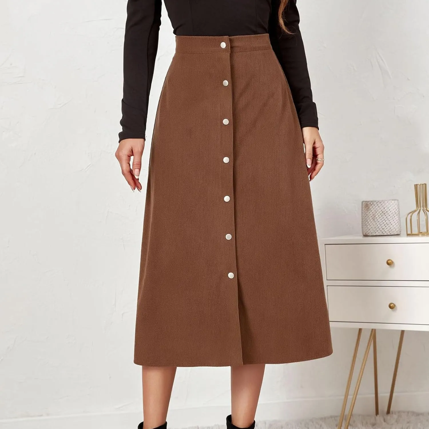 BTDECLAR Women's Corduroy Midi Skirt High Waisted Button Front Flowy A-Line Skirts Trendy Business Work Pencil Maxi Skirts