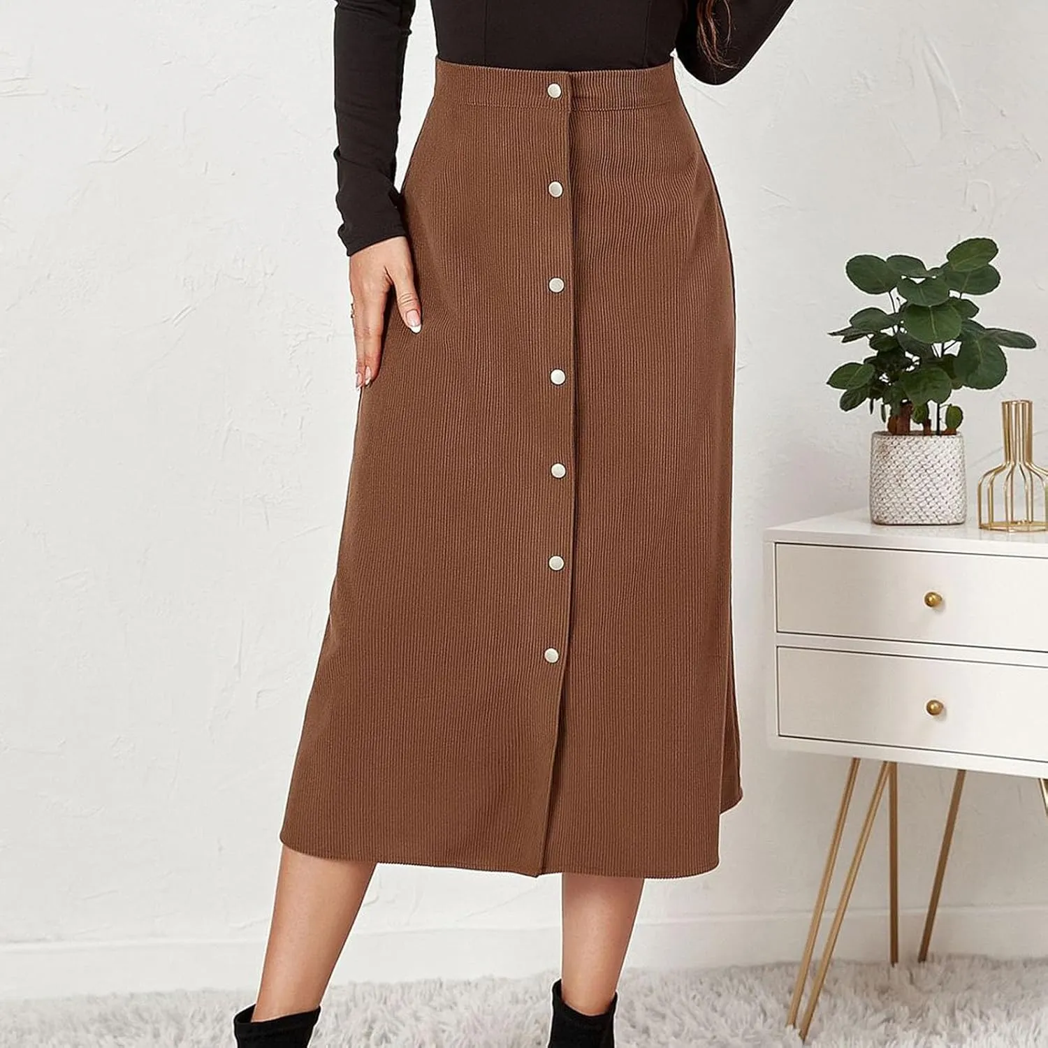 BTDECLAR Women's Corduroy Midi Skirt High Waisted Button Front Flowy A-Line Skirts Trendy Business Work Pencil Maxi Skirts