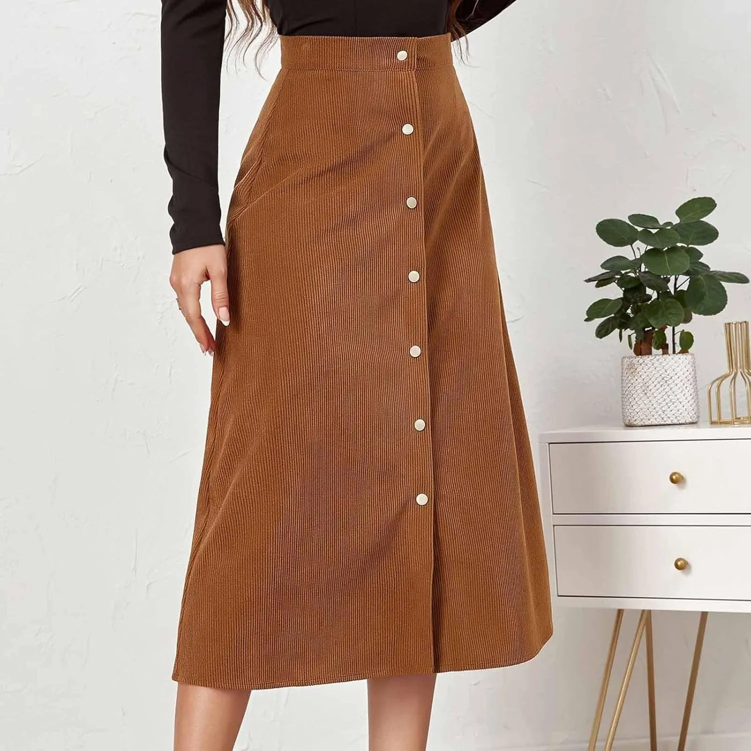 BTDECLAR Women's Corduroy Midi Skirt High Waisted Button Front Flowy A-Line Skirts Trendy Business Work Pencil Maxi Skirts
