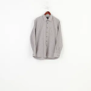 Bugatti Men L 16.5 Casual Shirt Grey Cotton Striped Detailed Buttons Long Sleeve Top