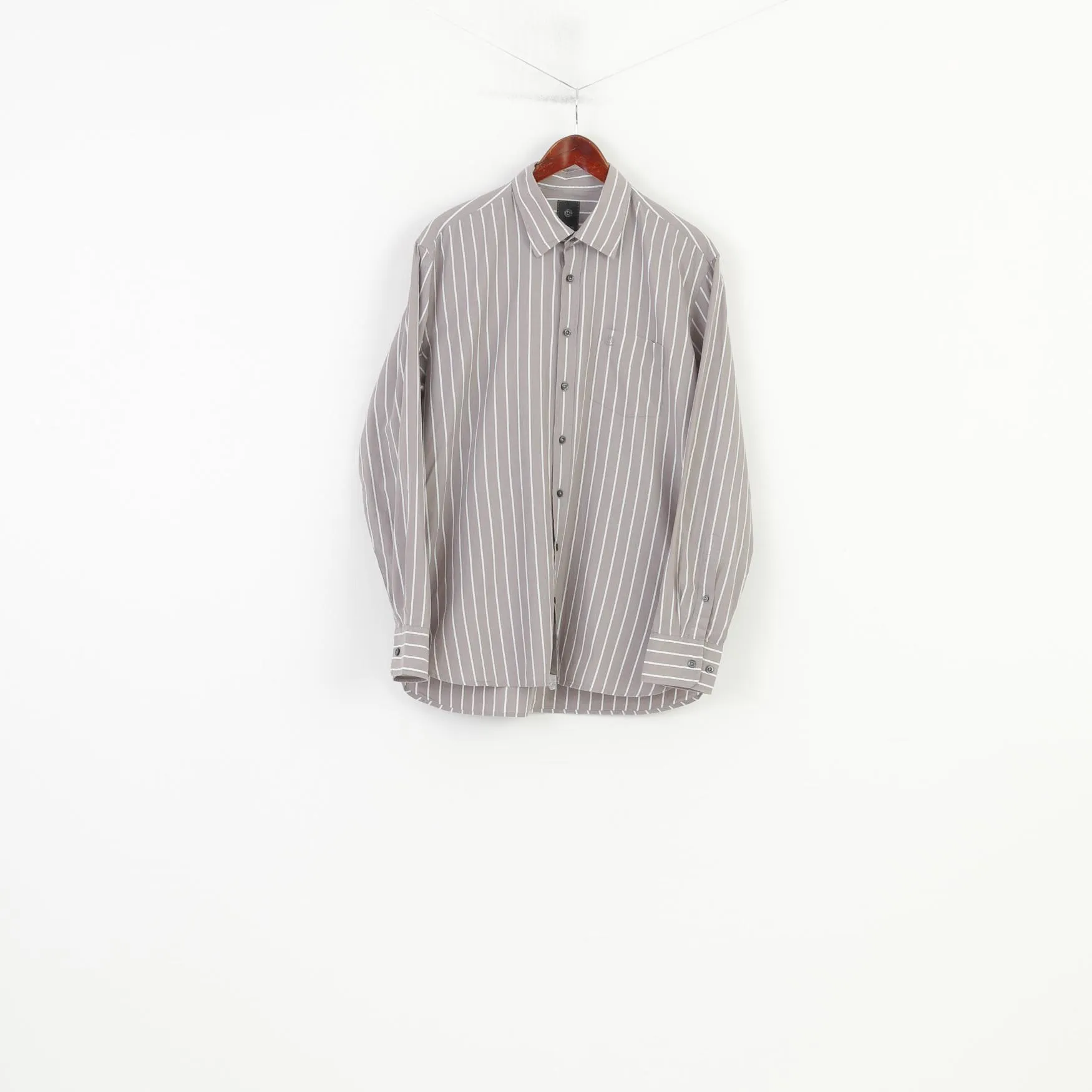 Bugatti Men L 16.5 Casual Shirt Grey Cotton Striped Detailed Buttons Long Sleeve Top