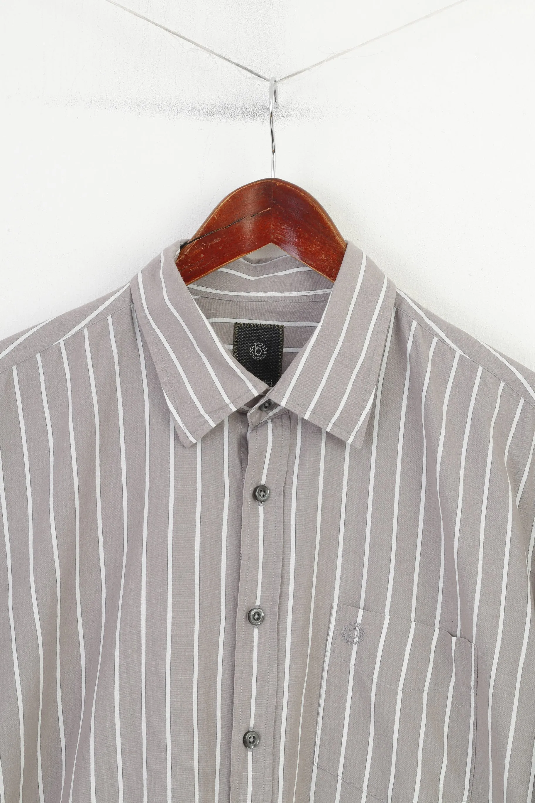 Bugatti Men L 16.5 Casual Shirt Grey Cotton Striped Detailed Buttons Long Sleeve Top