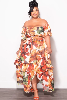 Final Sale Plus Size Chiffon 2pc Set with Belt in Rust Leaf Print Breathable Stretch