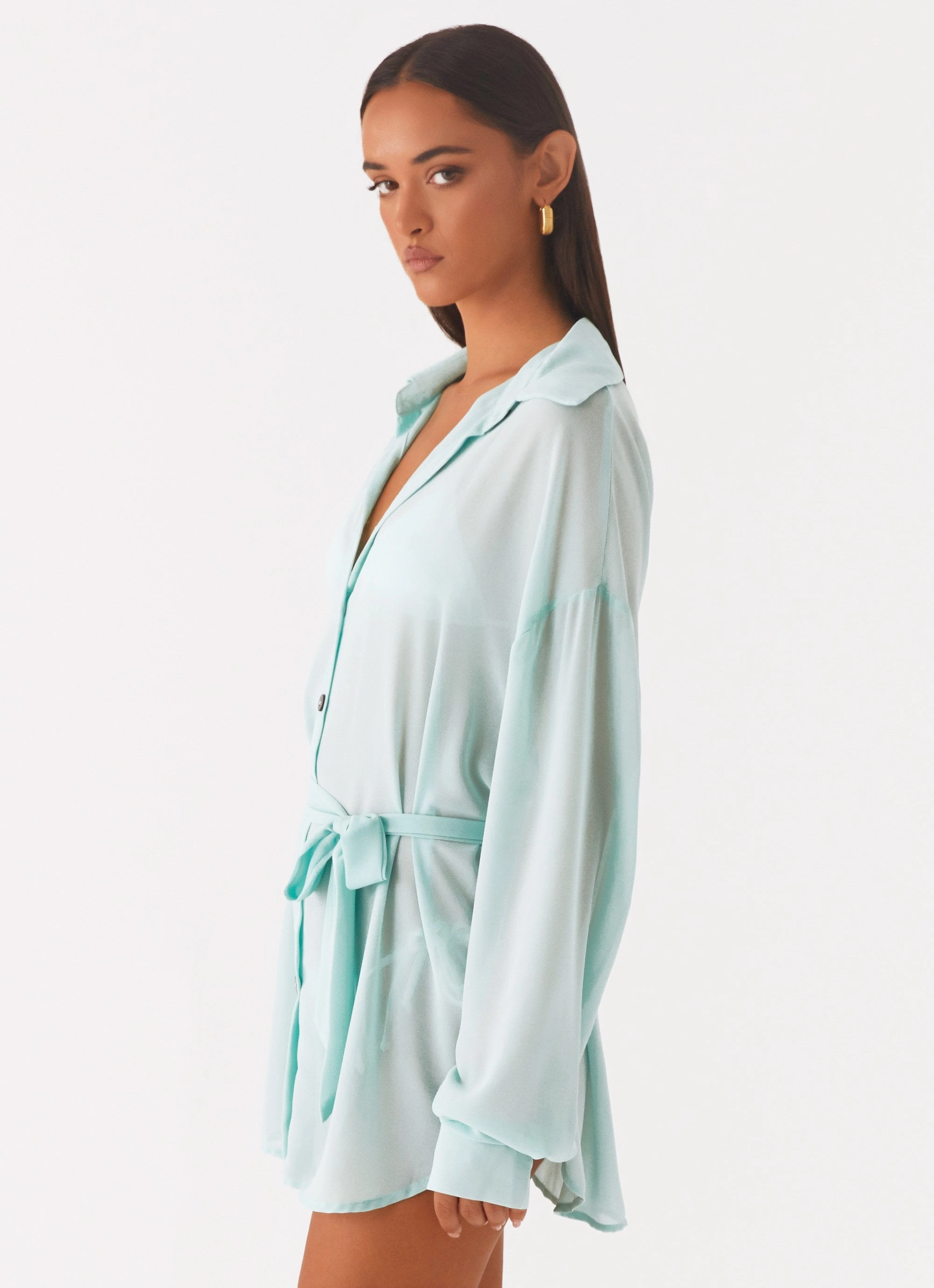 Non Irritating Seam Finish VersatileNeckline Miley Oversized Chiffon Shirt - Pale Blue