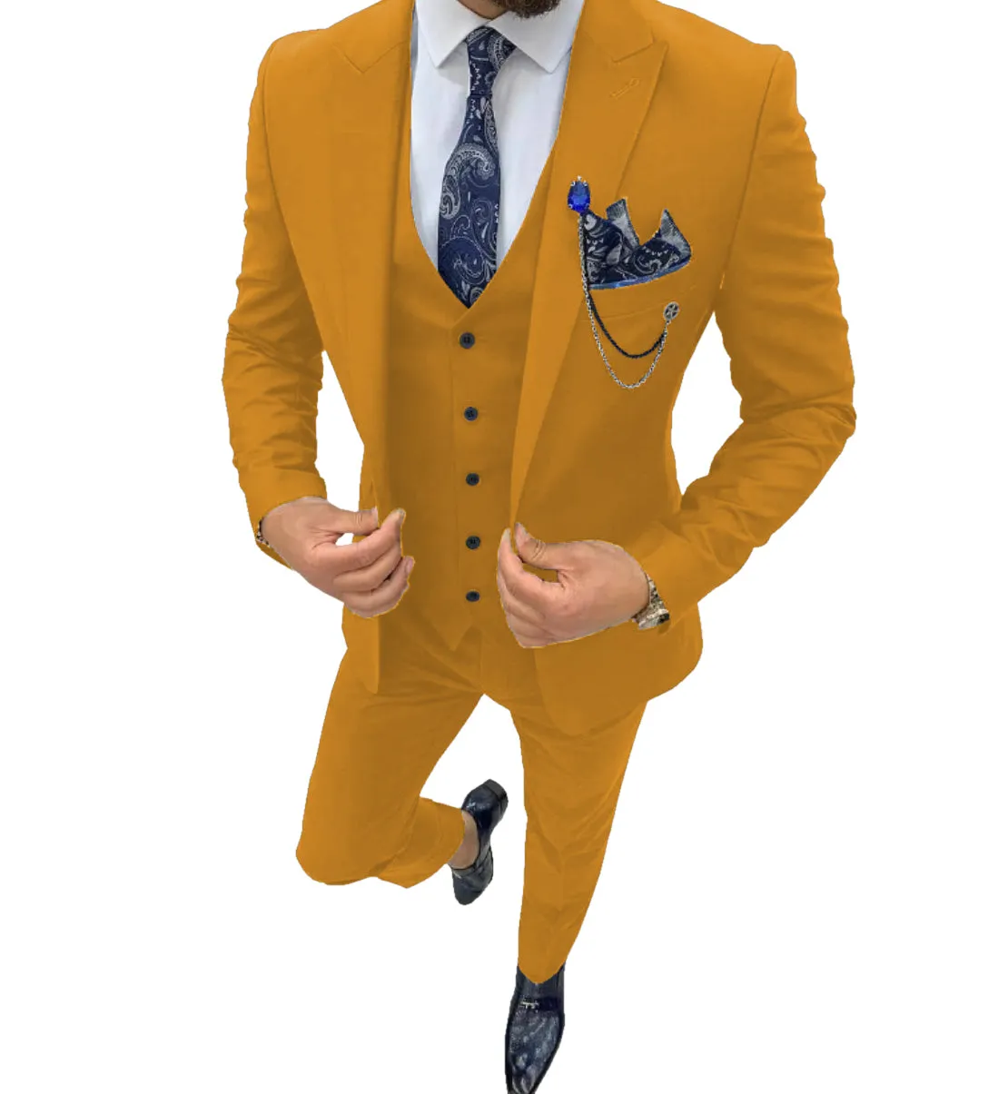 Business Men's 3 Piece Regular Fit Peak Lapel Flat Men's Suit (Blazer Vest Pants)