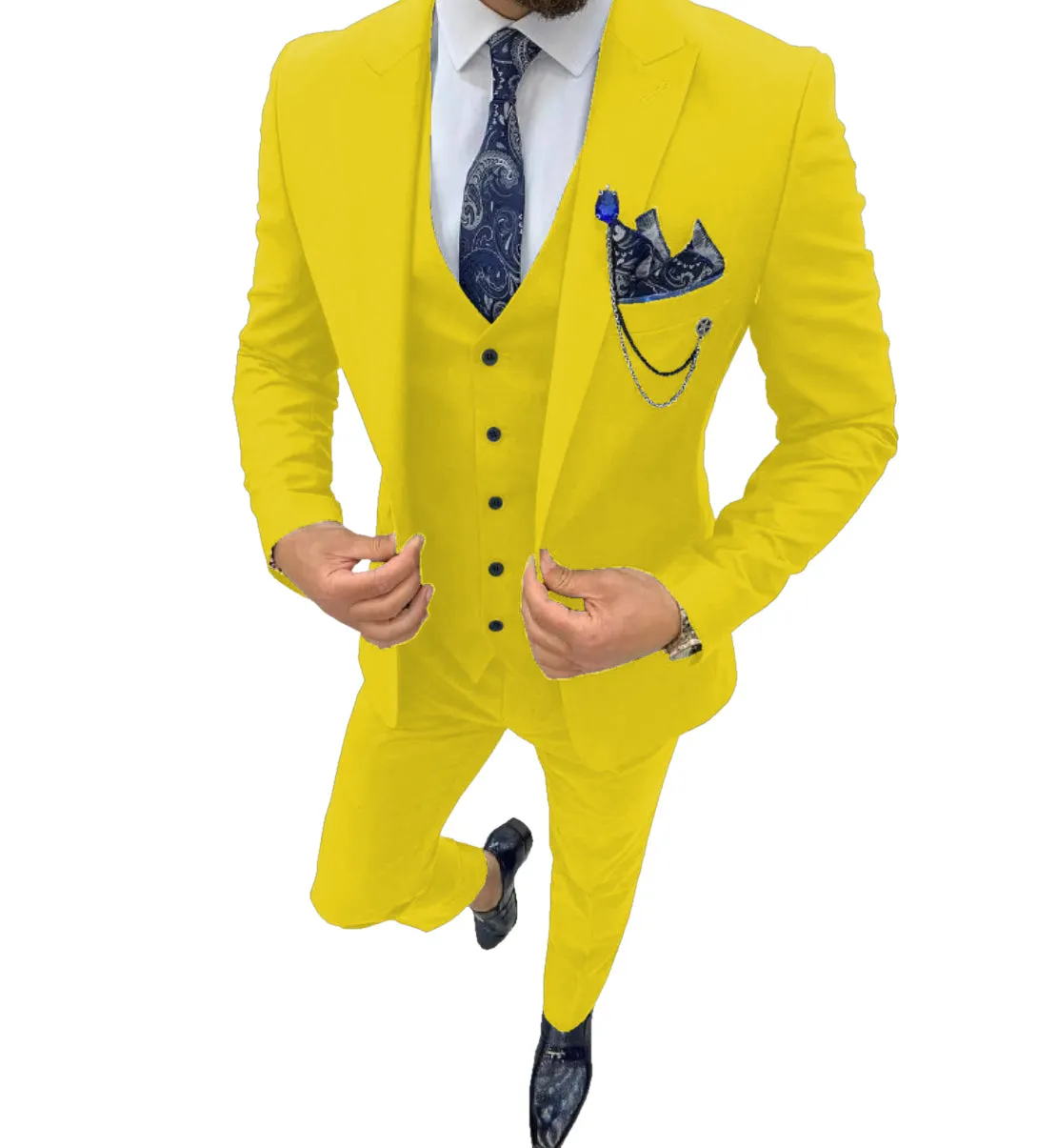 Business Men's 3 Piece Regular Fit Peak Lapel Flat Men's Suit (Blazer Vest Pants)