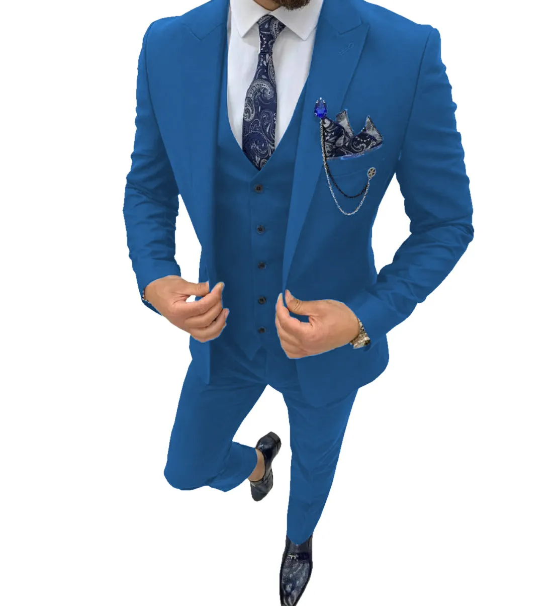 Business Men's 3 Piece Regular Fit Peak Lapel Flat Men's Suit (Blazer Vest Pants)