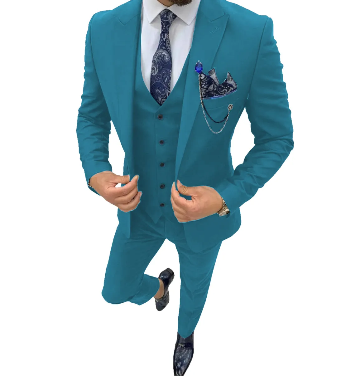 Business Men's 3 Piece Regular Fit Peak Lapel Flat Men's Suit (Blazer Vest Pants)