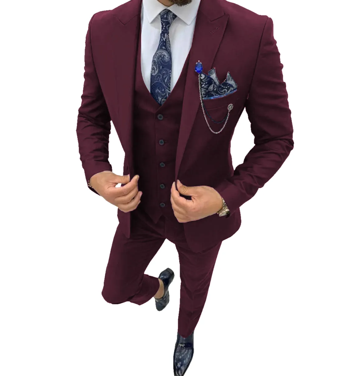 Business Men's 3 Piece Regular Fit Peak Lapel Flat Men's Suit (Blazer Vest Pants)