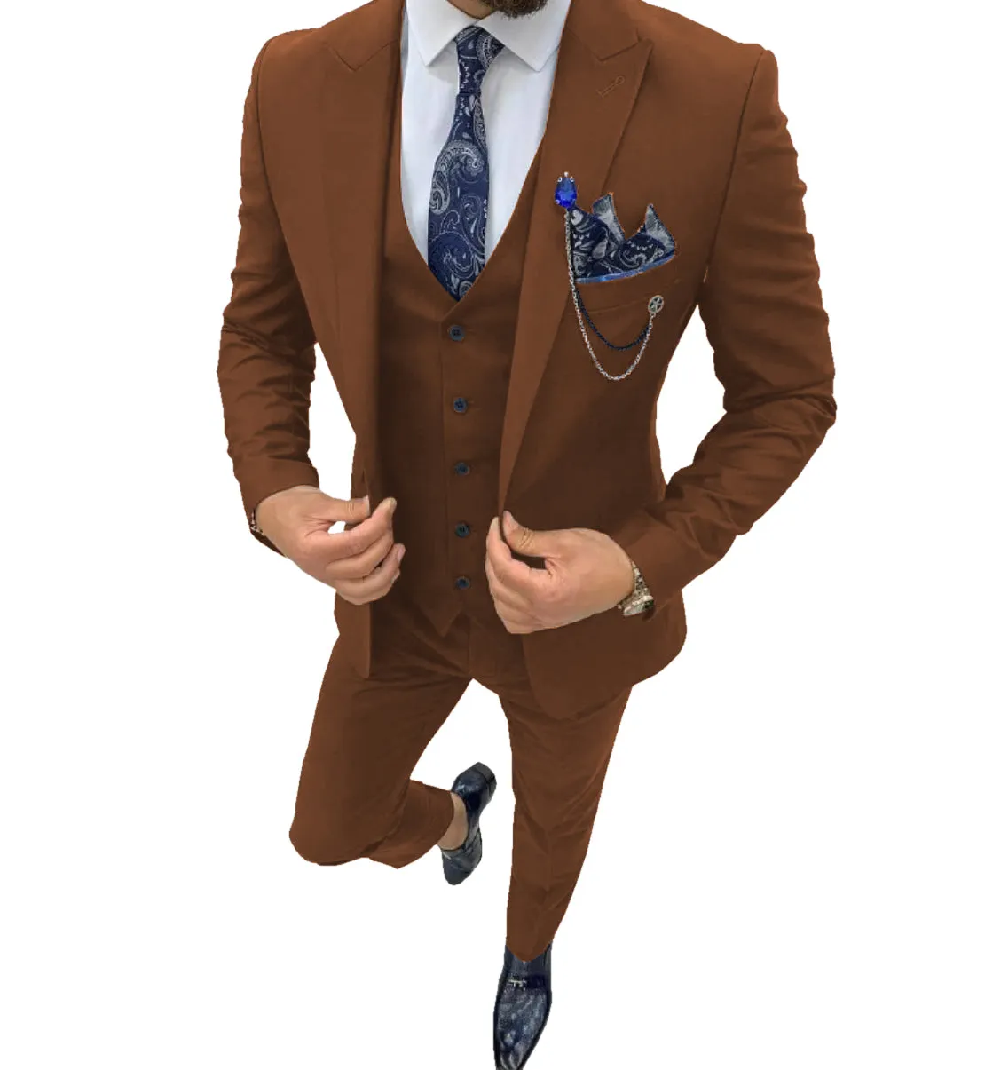 Business Men's 3 Piece Regular Fit Peak Lapel Flat Men's Suit (Blazer Vest Pants)
