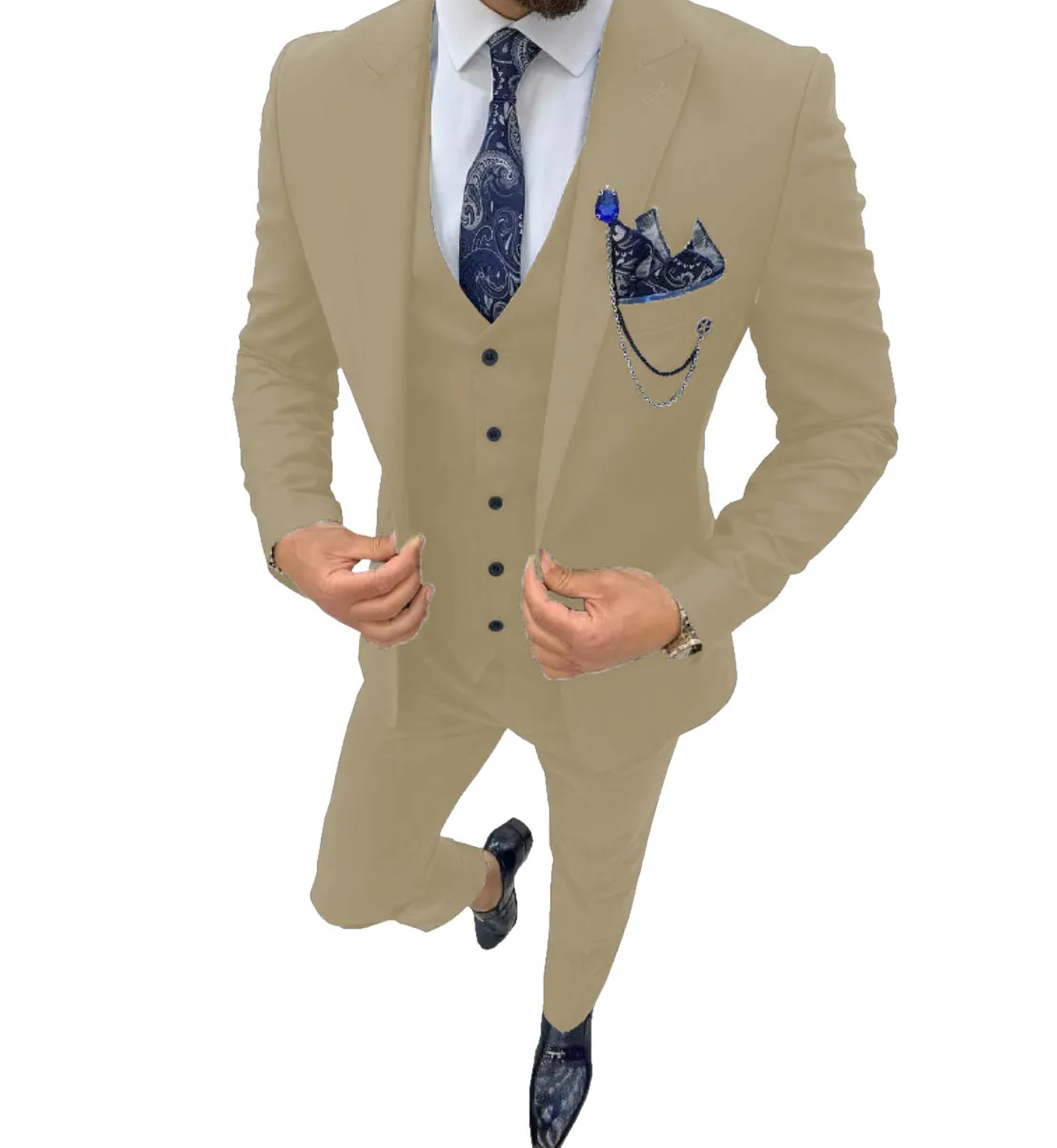 Business Men's 3 Piece Regular Fit Peak Lapel Flat Men's Suit (Blazer Vest Pants)
