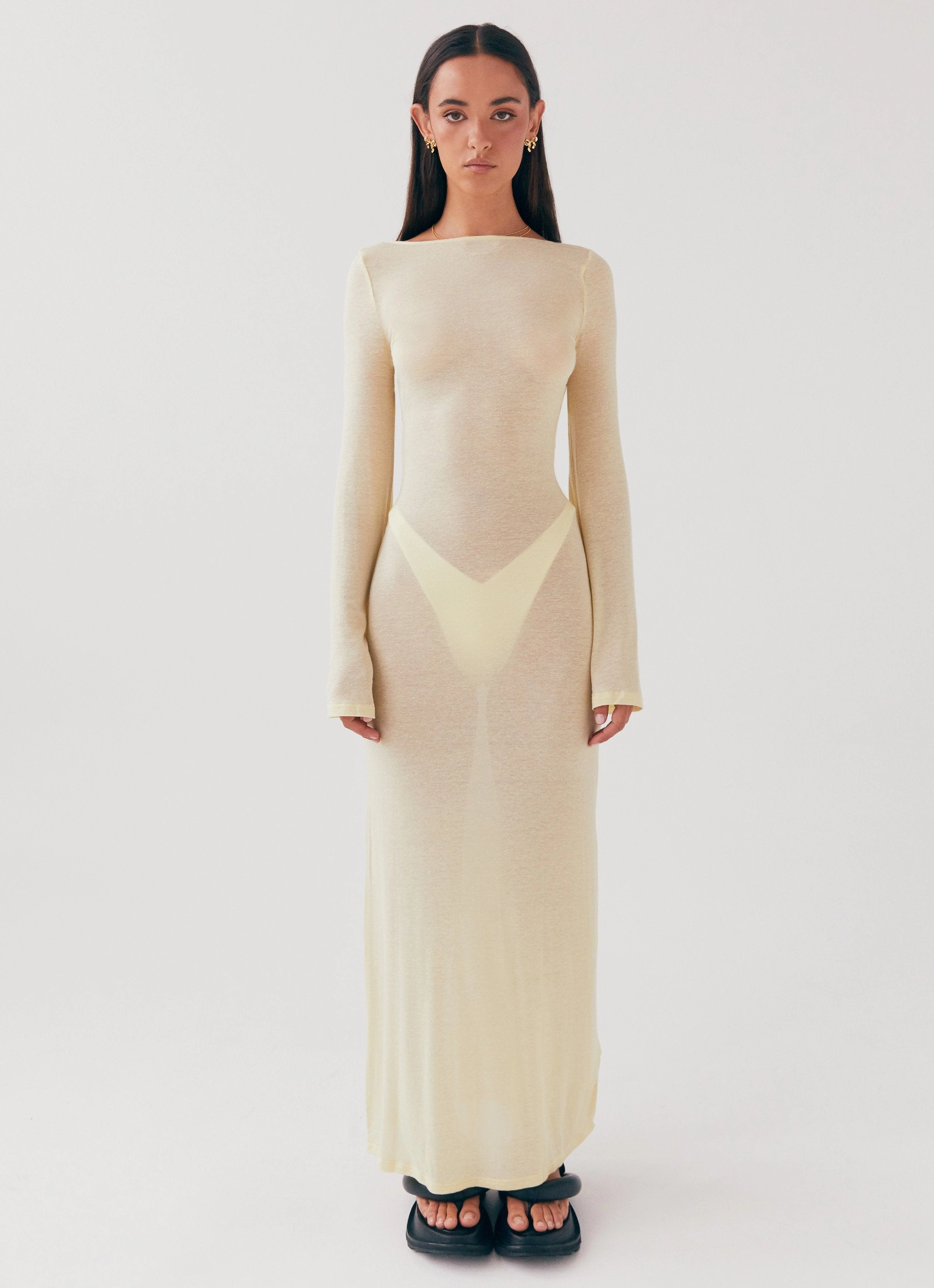 Olivia Long Sleeve Maxi Dress - Lemon Tiered-Skirt Wrinkle-Resistant
