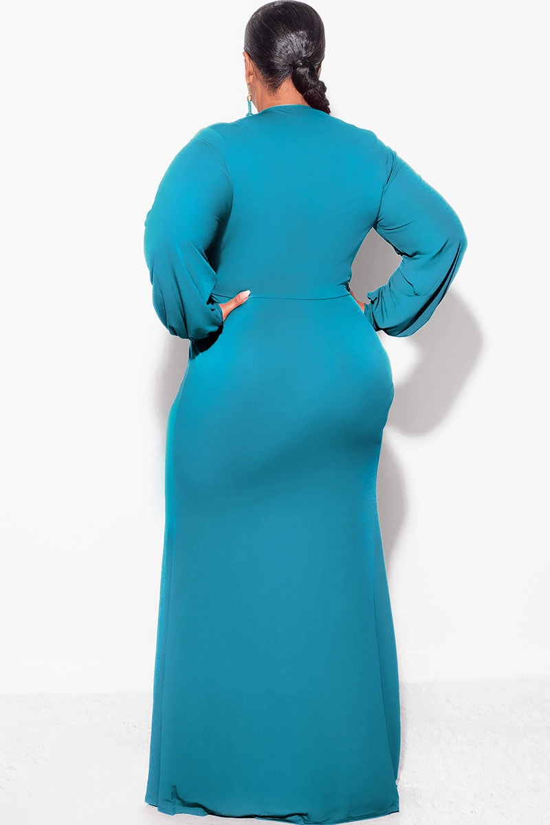 Final Sale Plus Size V-Neck Gown with Twist Front Waist in Teal Green Lightweight Thermal SlimFitAdaptation