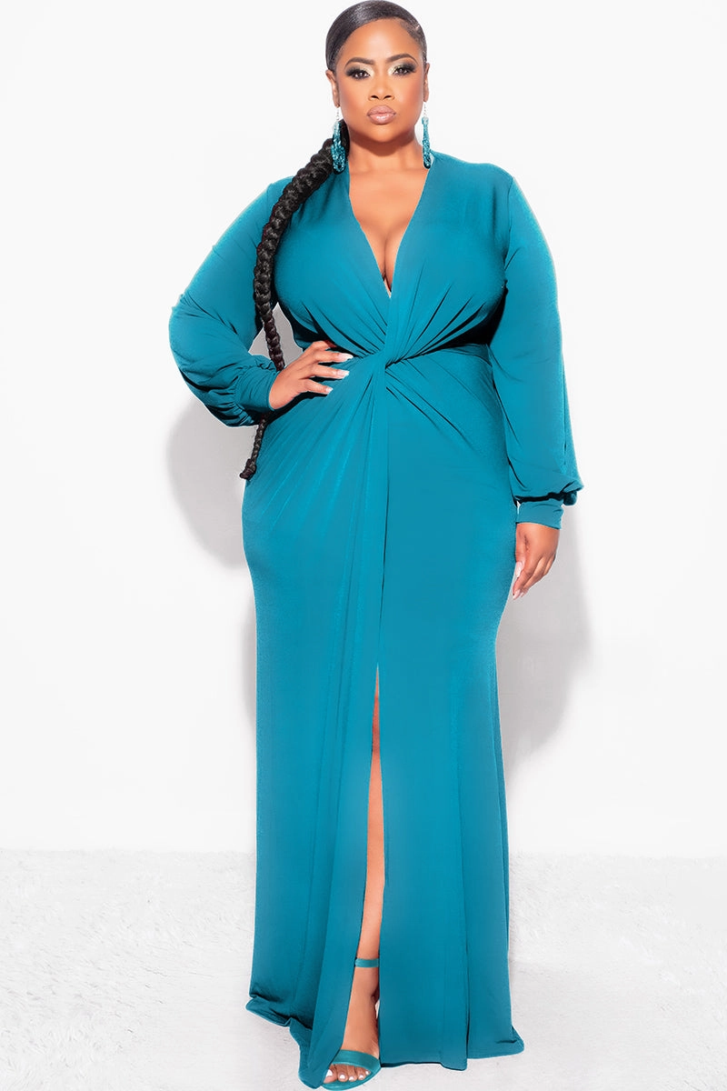 Final Sale Plus Size V-Neck Gown with Twist Front Waist in Teal Green Non Restrictive Mobility