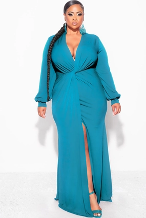 Final Sale Plus Size V-Neck Gown with Twist Front Waist in Teal Green Machine Washable Fabric Stretch Fit