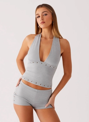 Moisture Control Lining DropShoulderConstruction Roxy Halter Top - Grey
