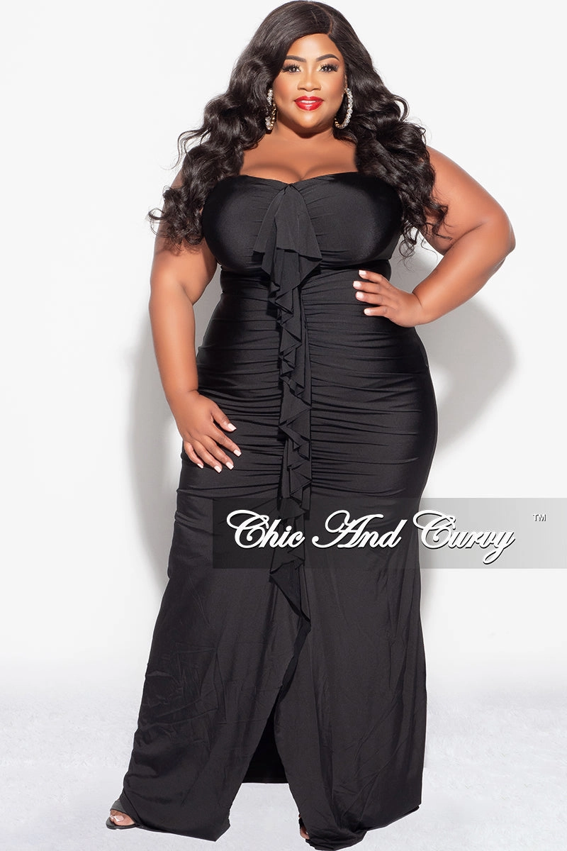 QuickDryTechnology Final Sale Plus Size Sleeveless Maxi Gown With Center Ruching with Ruffle in Black