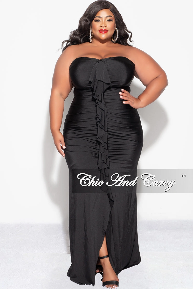 Comfy Style Final Sale Plus Size Sleeveless Maxi Gown With Center Ruching with Ruffle in Black