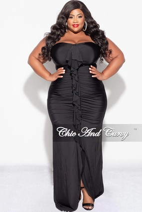 Final Sale Plus Size Sleeveless Maxi Gown With Center Ruching with Ruffle in Black VersatileLayering