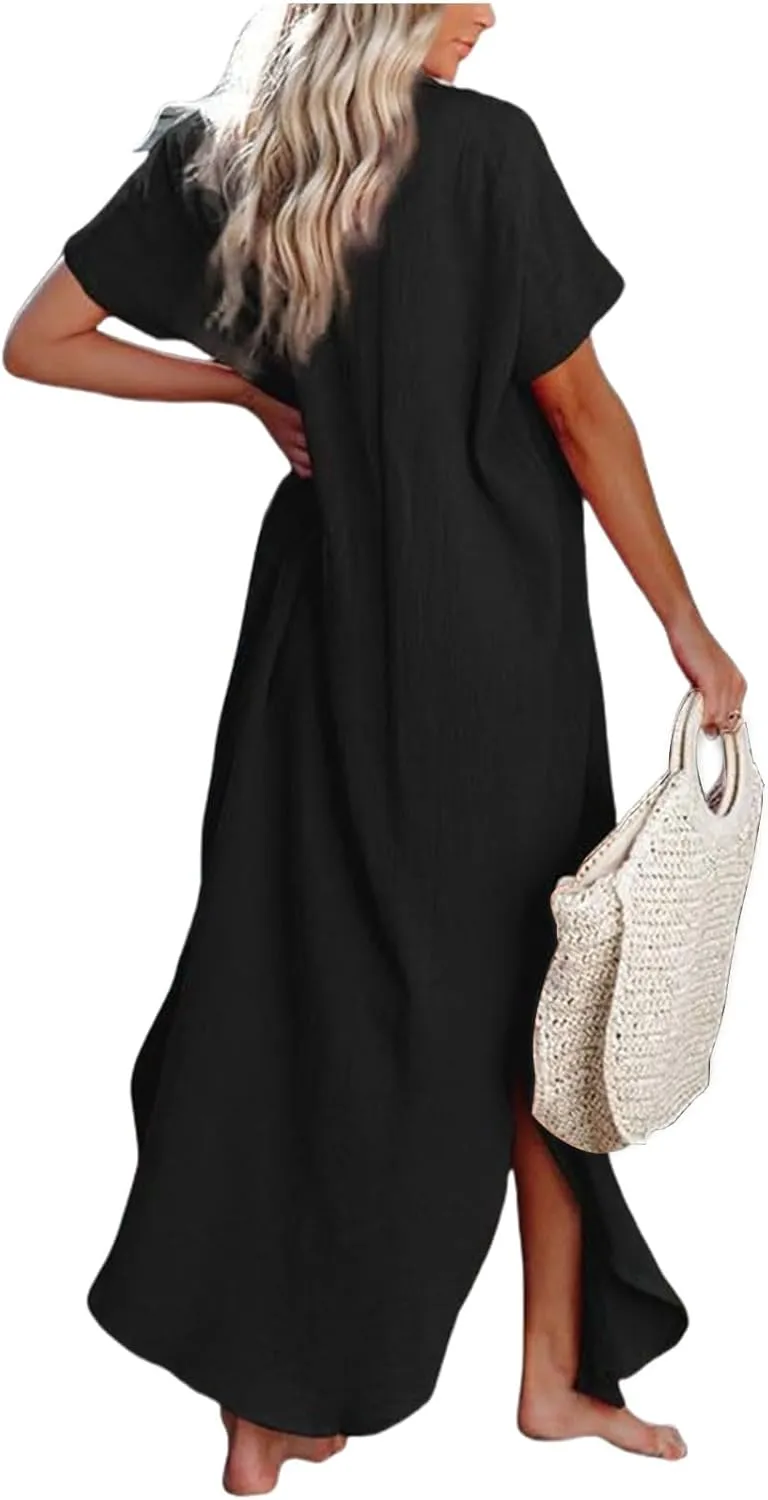 Button Down Beach Cover Up for Women Maxi Long Kimonos Cardigans Swimsuit Cover Ups Summer Beach Dress Beachwear