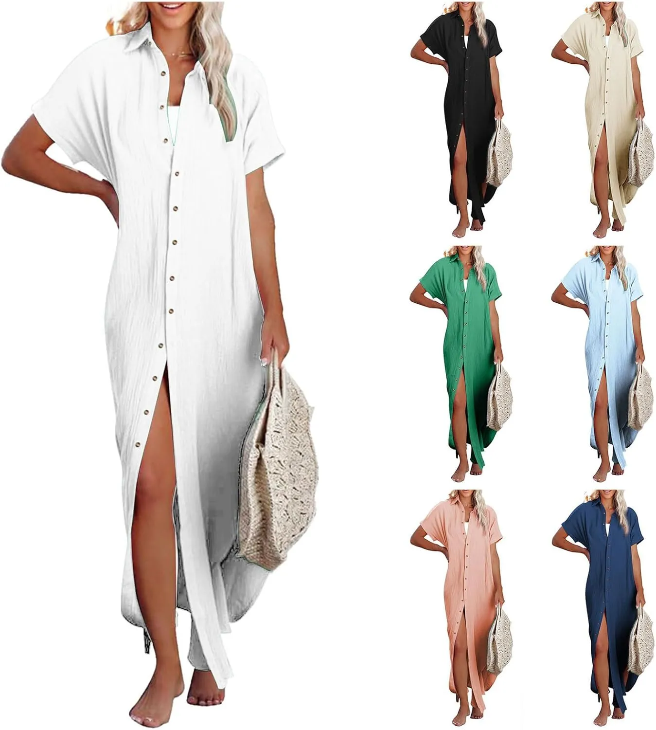 Button Down Beach Cover Up for Women Maxi Long Kimonos Cardigans Swimsuit Cover Ups Summer Beach Dress Beachwear