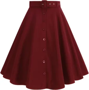 Button Front A Line Skirt for Women High Waist Flared Swing Midi Skirts with Belt Retro Style