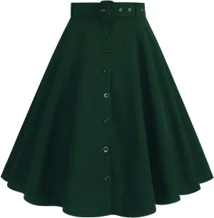 Button Front A Line Skirt for Women High Waist Flared Swing Midi Skirts with Belt Retro Style