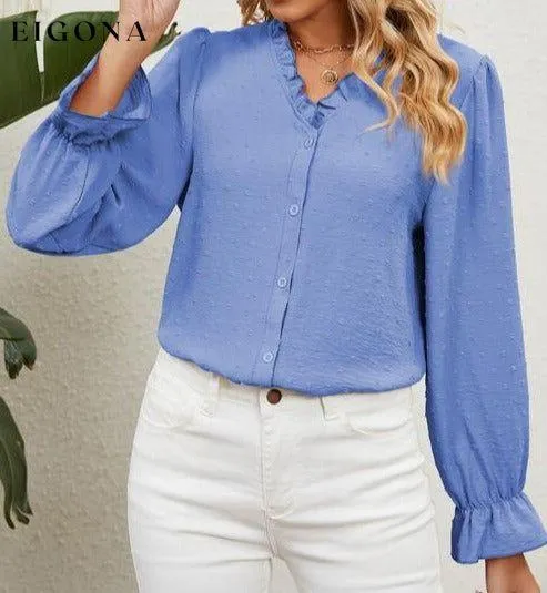 Button Up Flounce Sleeve V-Neck Shirt